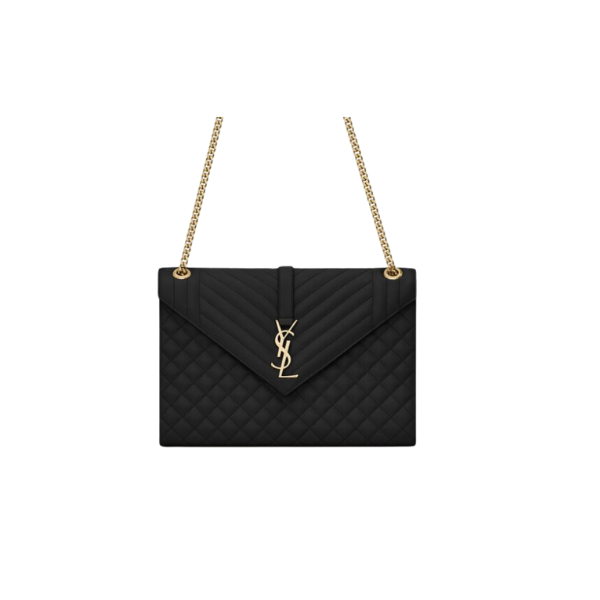 YSL ENVELOPE LARGE BAG IN MIX MATELASSÉ GRAIN DE POUDRE EMBOSSED BLACK GOLD 31CM 600166BOW911000