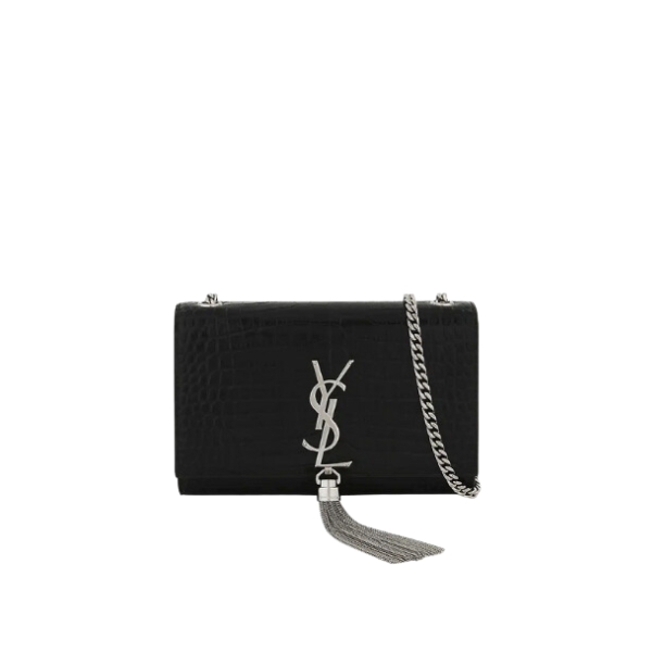 YSL KATE SMALL CHAIN BAG WITH TASSEL IN CROCODILE-EMBOSSED SHINY LEATHER BLACK 474366DND0N1000