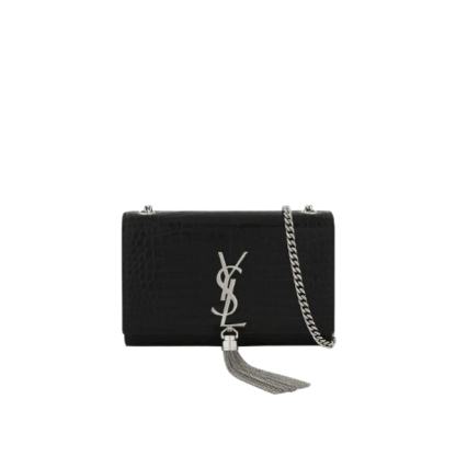 YSL KATE SMALL CHAIN BAG WITH TASSEL IN CROCODILE-EMBOSSED SHINY LEATHER BLACK 474366DND0N1000