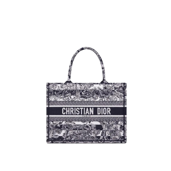 DOR MEDIUM BOOK TOTE NAVY BLUE TOILE DE JOUY STRIPES EMBROIDERY 36CM M1296ZRLP M928