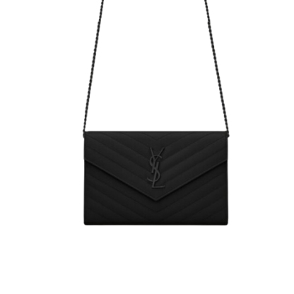 YSL CASSANDRE MATELASSÉ CHAIN WALLET IN GRAIN DE POUDRE EMBOSSED BLACK NOIR 22CM 377828BOW081000