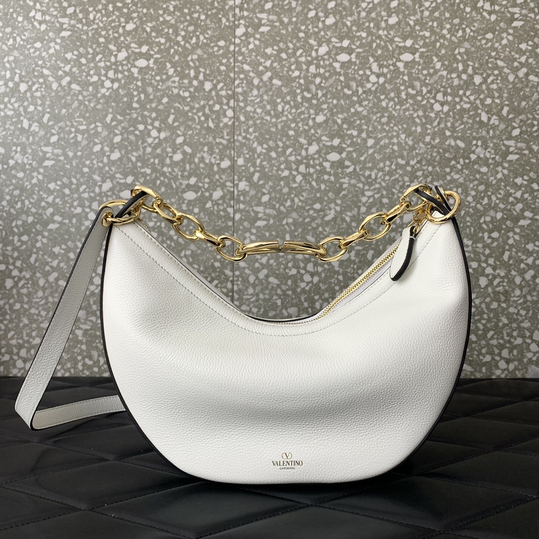 valen GARAVANI SMALL VLOGO MOON HOBO BAG IN GRAINY CALFSKIN WITH CHAIN WHITE 29CM 4W2B0N08JDK 098
