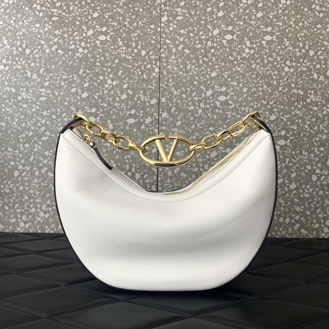 valen GARAVANI SMALL VLOGO MOON HOBO BAG IN GRAINY CALFSKIN WITH CHAIN WHITE 29CM 4W2B0N08JDK 098