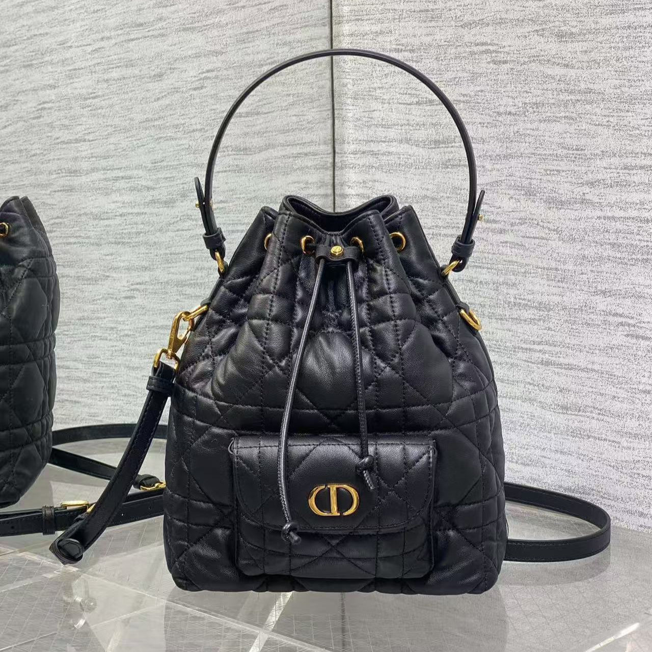 CD Caro Macrocannage Small Bucket Bag Black Lambskin