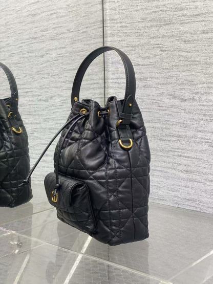 CD Caro Macrocannage Small Bucket Bag Black Lambskin