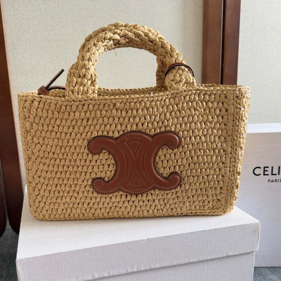 Celine Cabas Thais Handbag Beige mix Brown Plant Material And Cow Leather