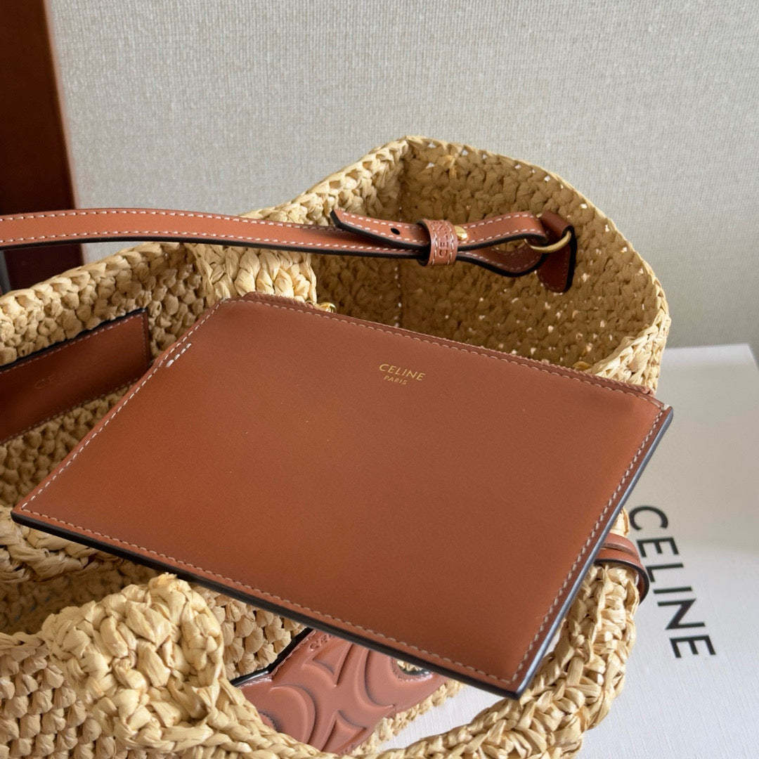 Celine Cabas Thais Handbag Beige mix Brown Plant Material And Cow Leather