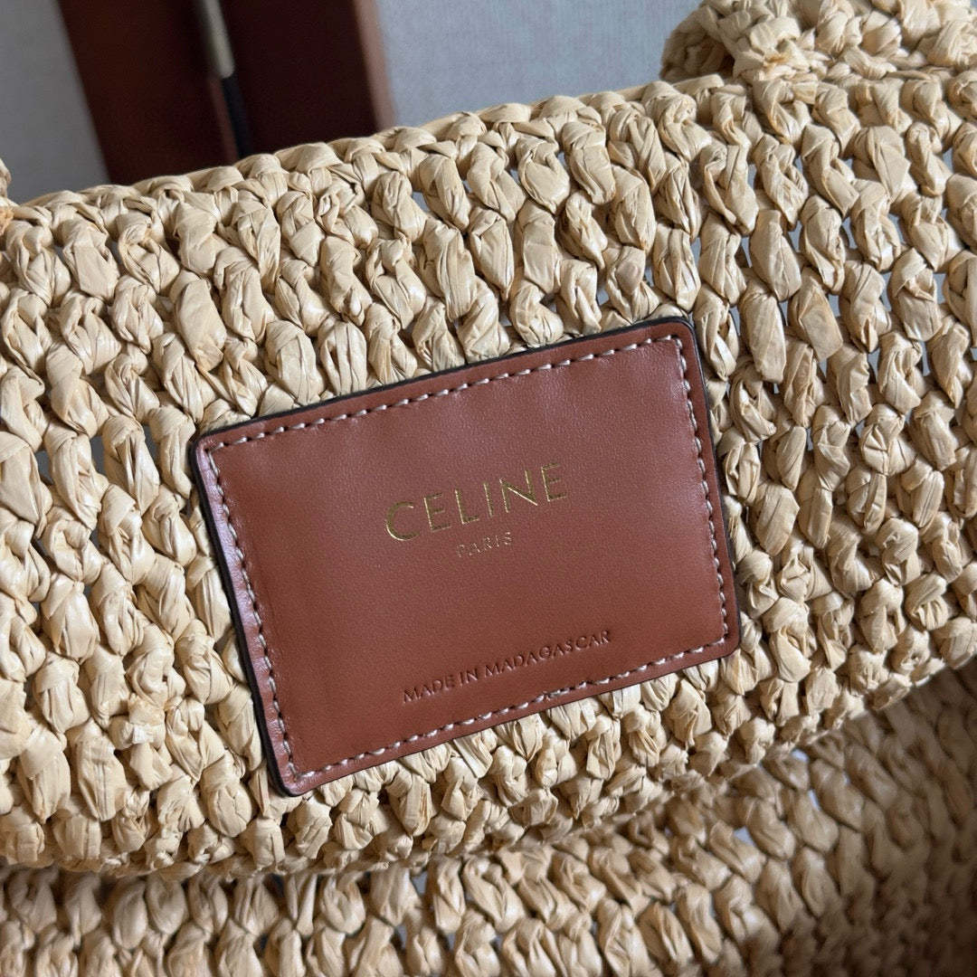 Celine Cabas Thais Handbag Beige mix Brown Plant Material And Cow Leather