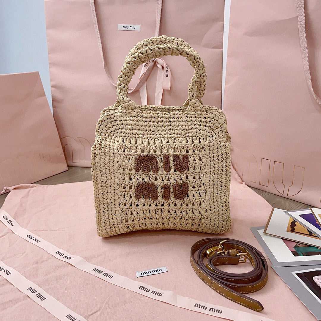 Miu Miu Tote Woven Bag Beige mix Brown Raffia