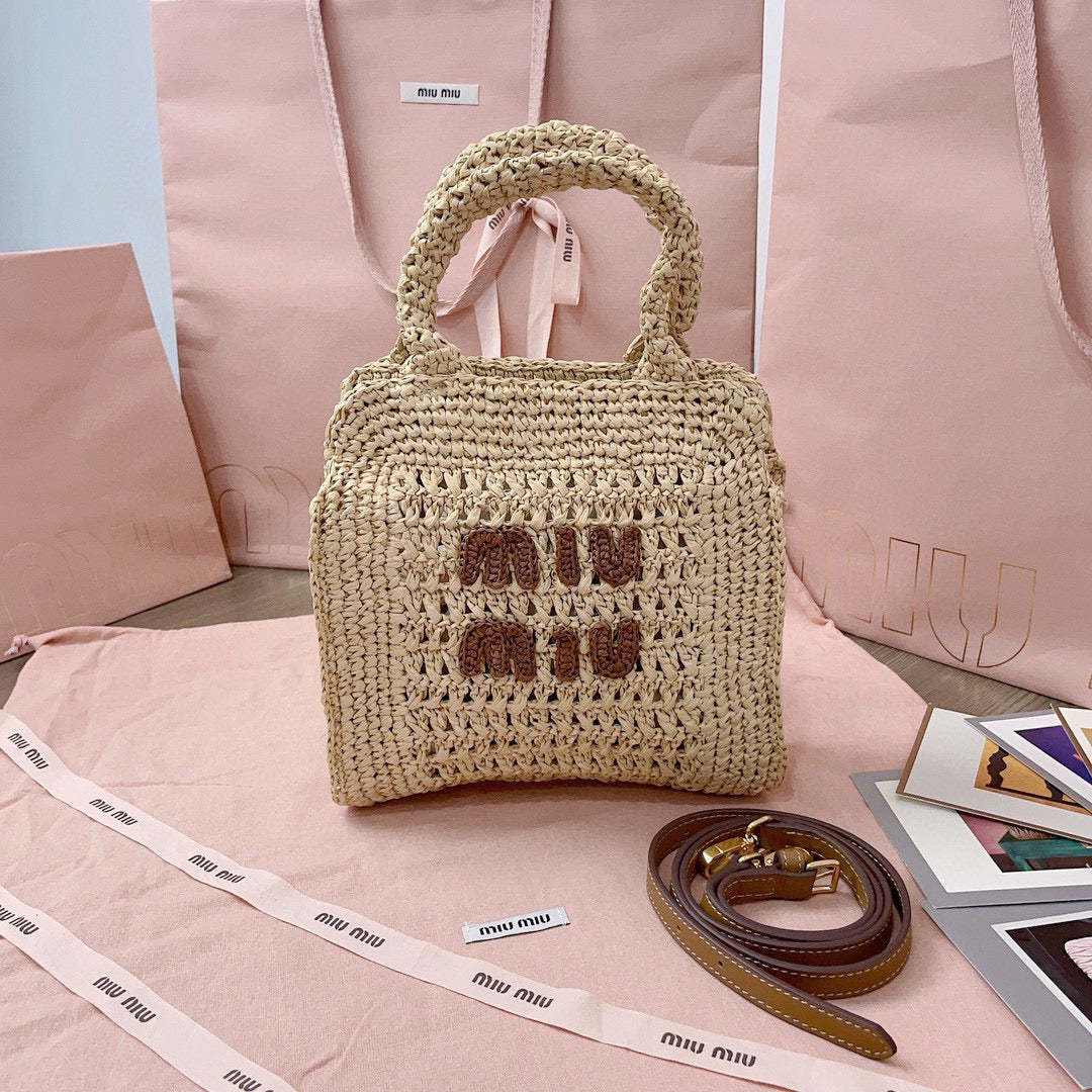 Miu Miu Tote Woven Bag Beige mix Brown Raffia