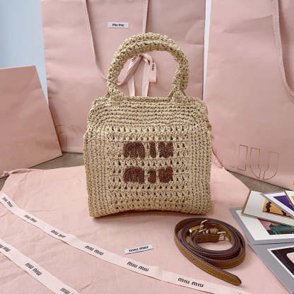 Miu Miu Tote Woven Bag Beige mix Brown Raffia