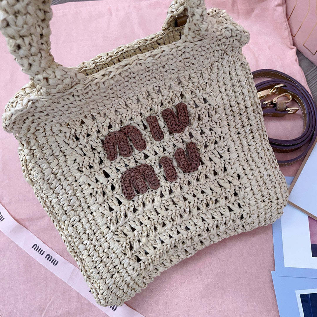 Miu Miu Tote Woven Bag Beige mix Brown Raffia