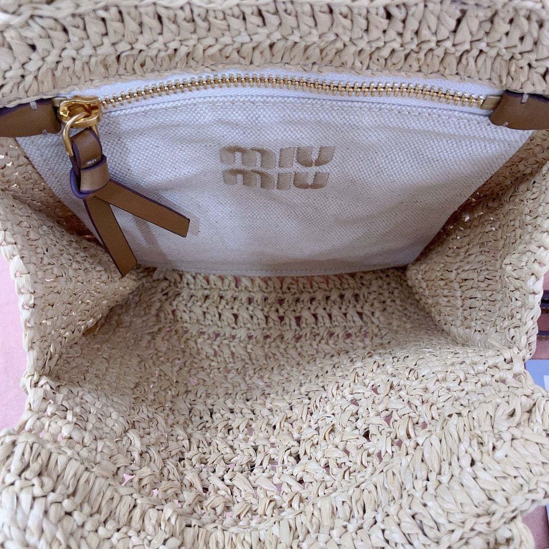 Miu Miu Tote Woven Bag Beige mix Brown Raffia