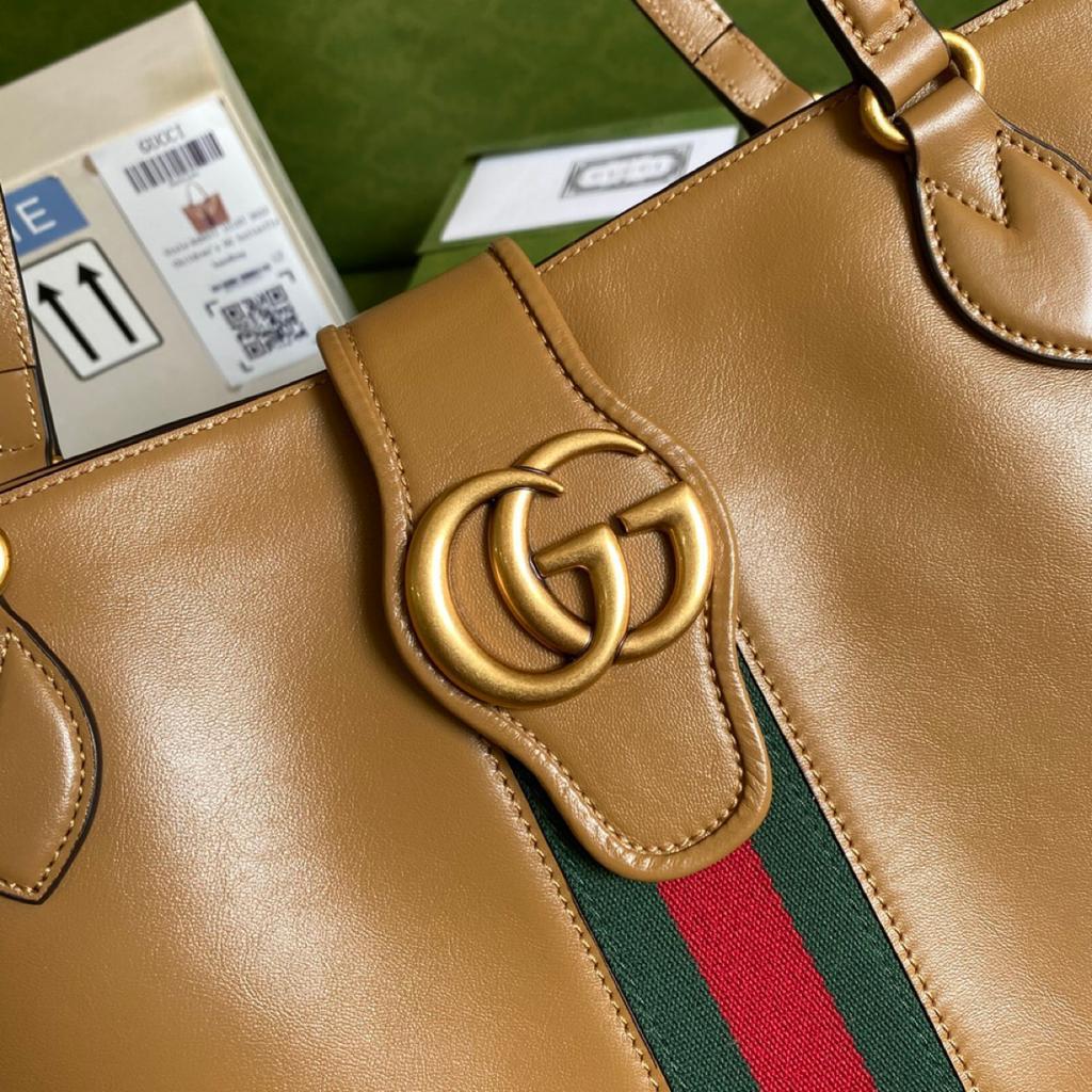 gg Medium Tote Bag With Double G And Web Brown For Women 13.8in/35cm gg