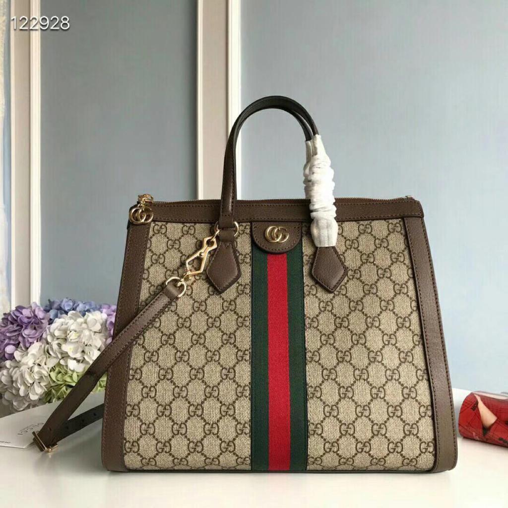 gg Ophidia gg Medium Tote Bag Beige/Ebony gg Supreme Canvas With Brown For Women 13in/33cm gg 524537 K05NB 8745