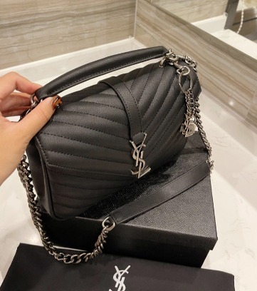 YSL COLLEGE MEDIUM SILVER CHAIN IN QUILTED BLACK SILVER 24CM 600279BRM041000