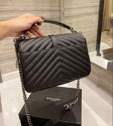 YSL COLLEGE MEDIUM SILVER CHAIN IN QUILTED BLACK SILVER 24CM 600279BRM041000