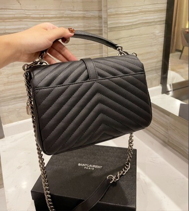 YSL COLLEGE MEDIUM SILVER CHAIN IN QUILTED BLACK SILVER 24CM 600279BRM041000