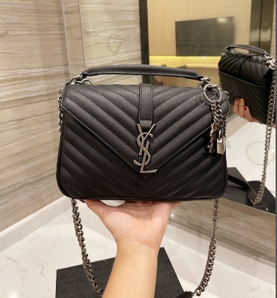 YSL COLLEGE MEDIUM SILVER CHAIN IN QUILTED BLACK SILVER 24CM 600279BRM041000