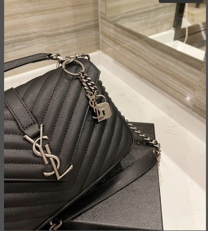 YSL COLLEGE MEDIUM SILVER CHAIN IN QUILTED BLACK SILVER 24CM 600279BRM041000