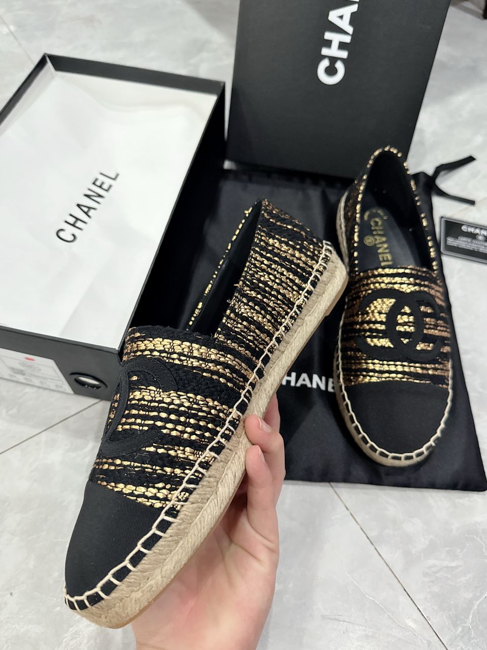 CHL GOLD BLACK METALLIC TWEED GROSGRAIN CC ESPADRILLES SLIP ON