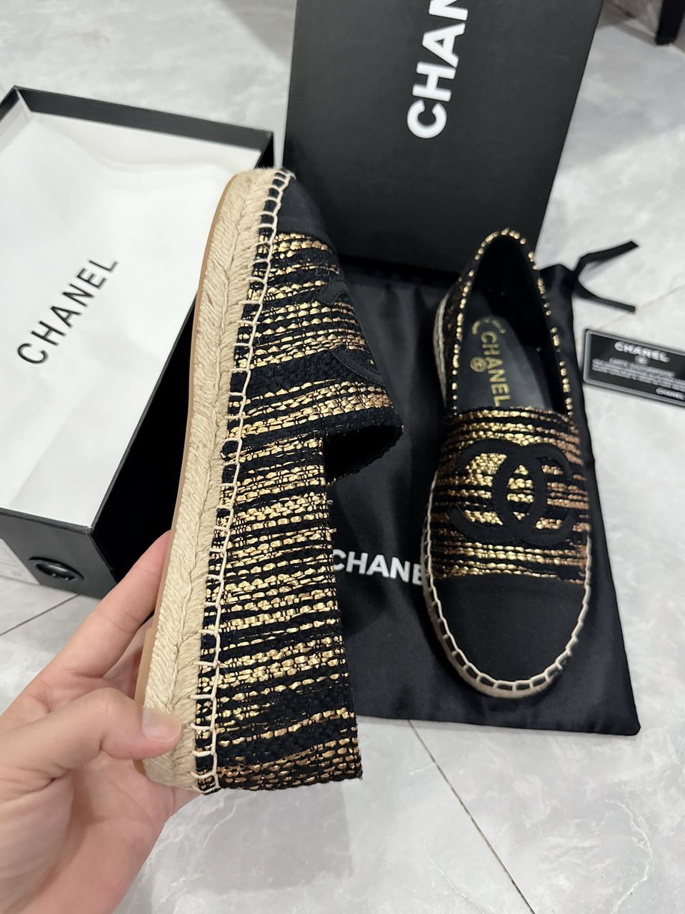 CHL GOLD BLACK METALLIC TWEED GROSGRAIN CC ESPADRILLES SLIP ON