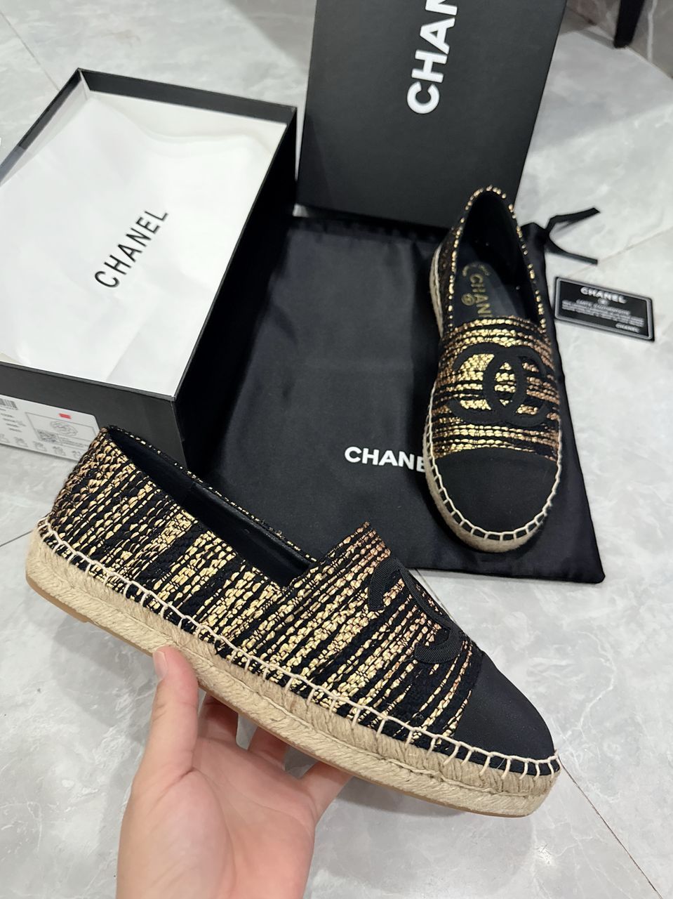 CHL GOLD BLACK METALLIC TWEED GROSGRAIN CC ESPADRILLES SLIP ON