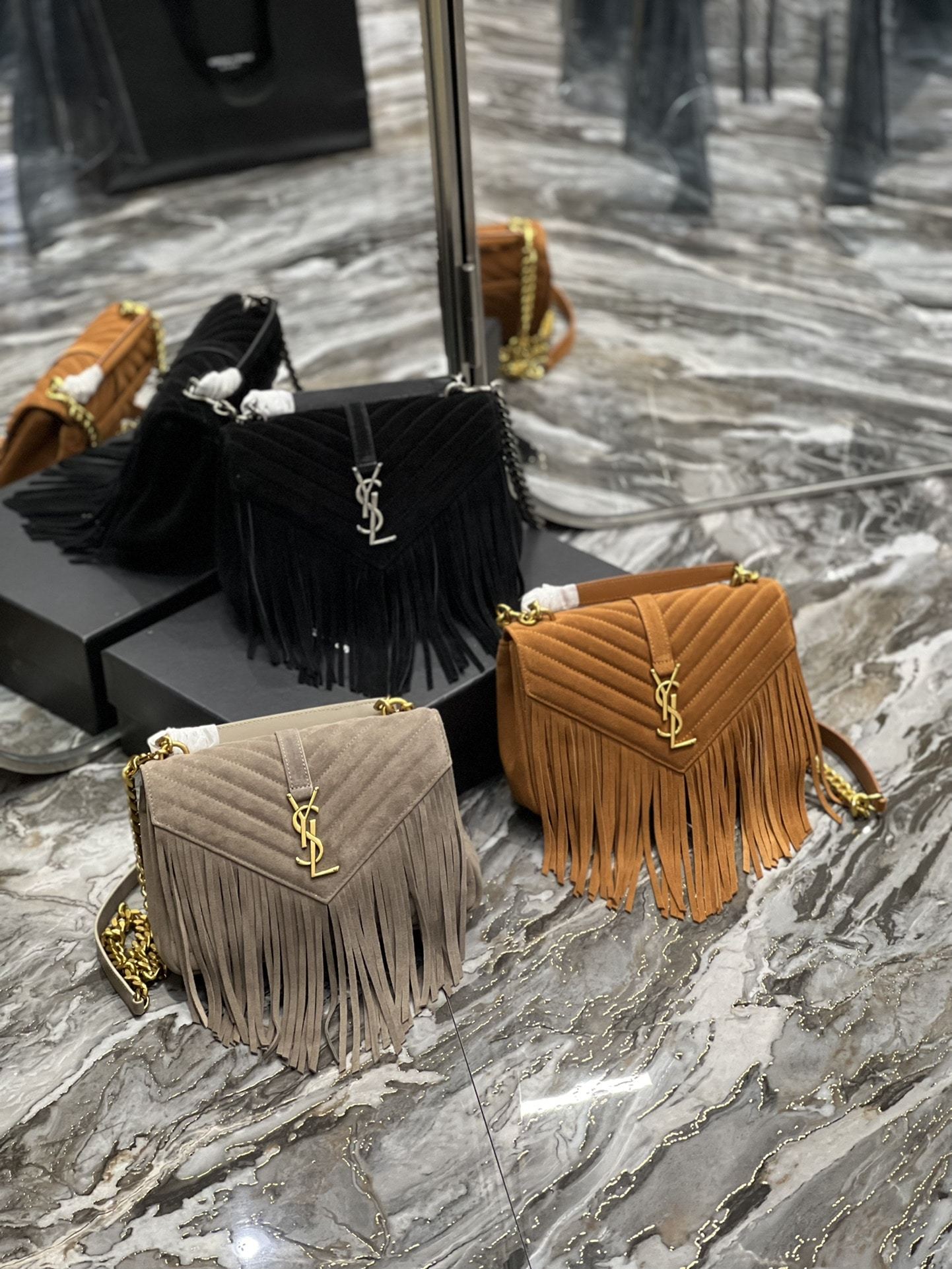 YSL COLLEGE MEDIUM SUEDE SHOULDER BAG BLACK 24CM