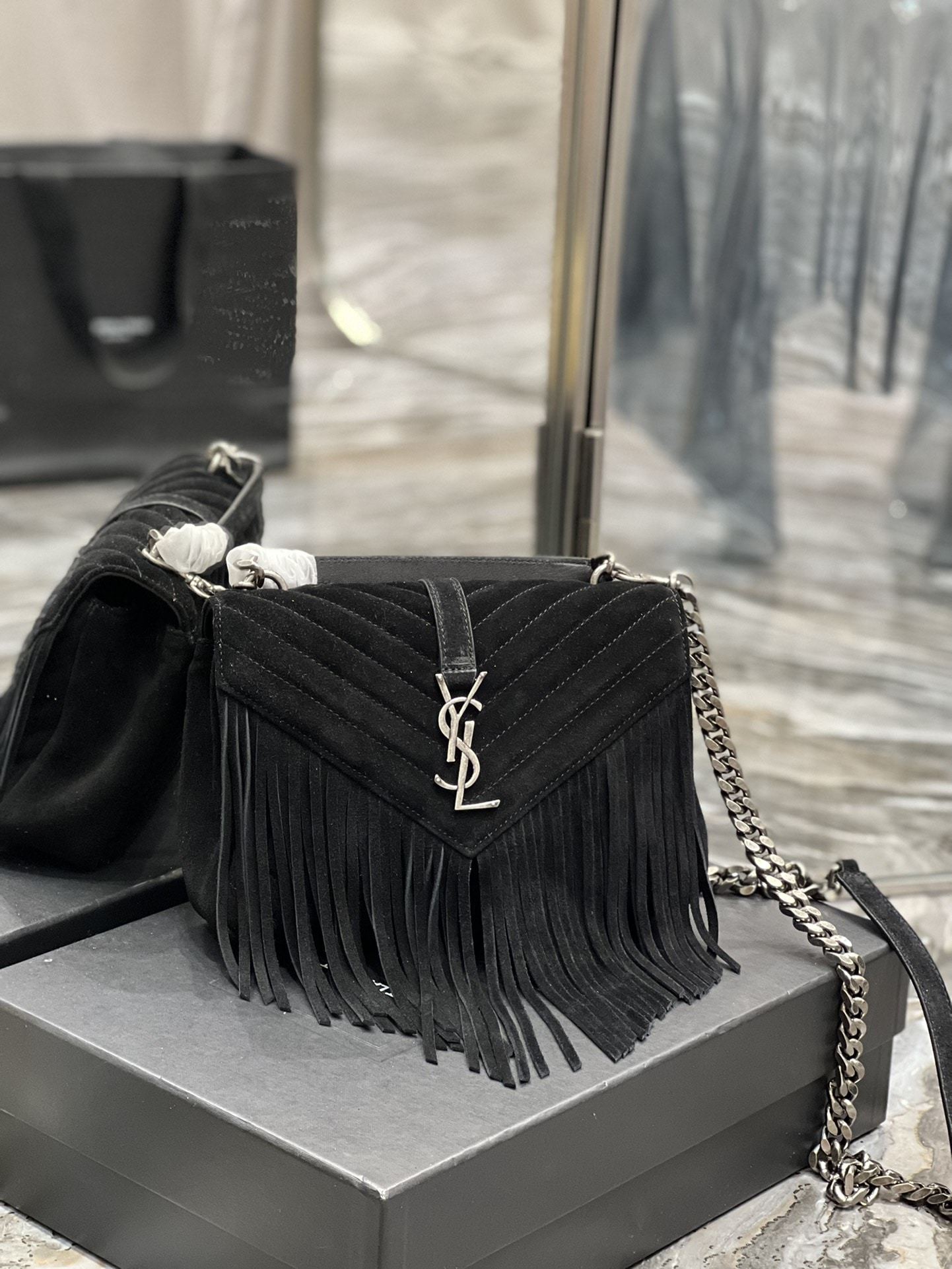 YSL COLLEGE MEDIUM SUEDE SHOULDER BAG BLACK 24CM