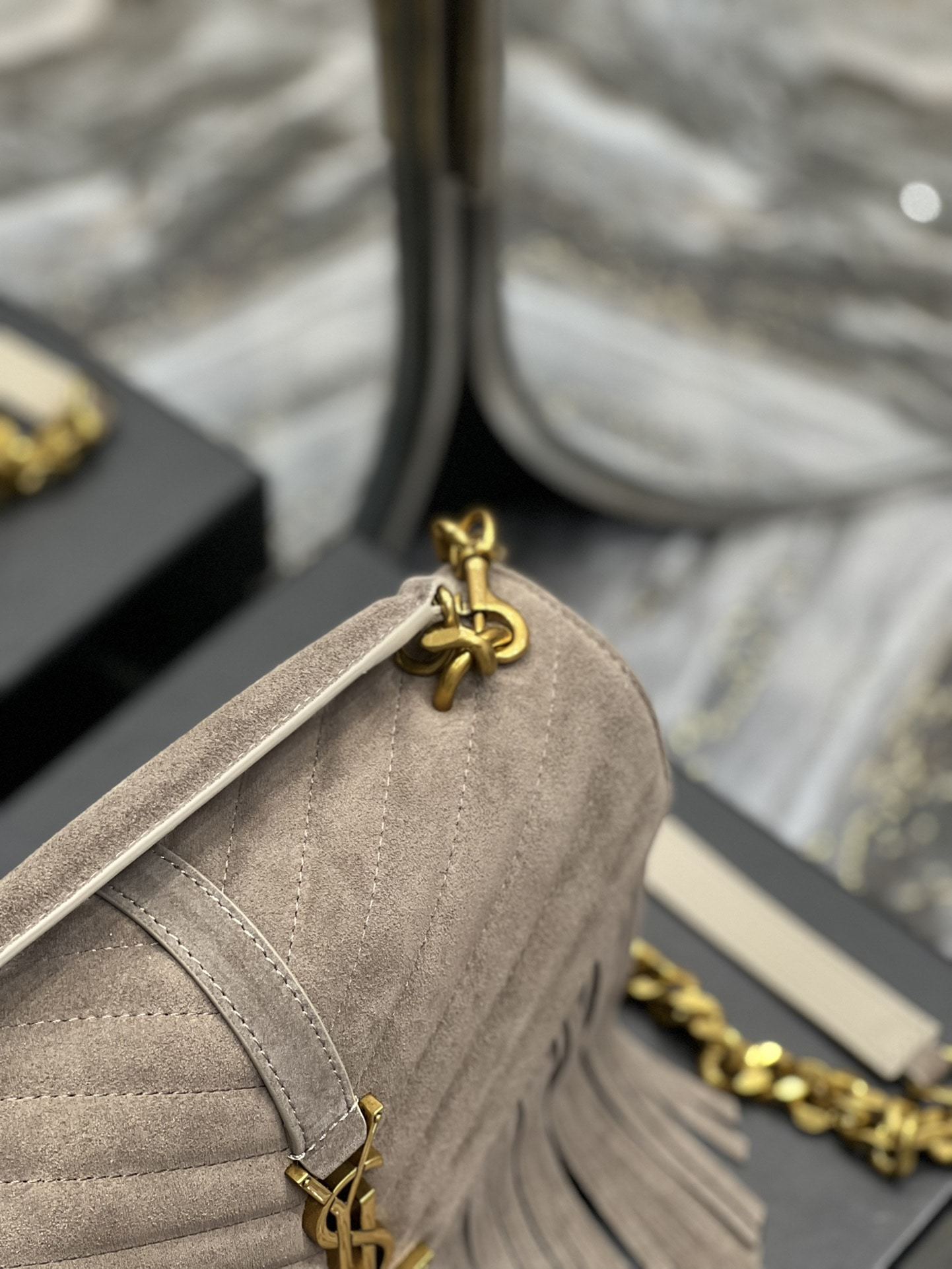 YSL COLLEGE MEDIUM SUEDE SHOULDER BAG GRAY 24CM