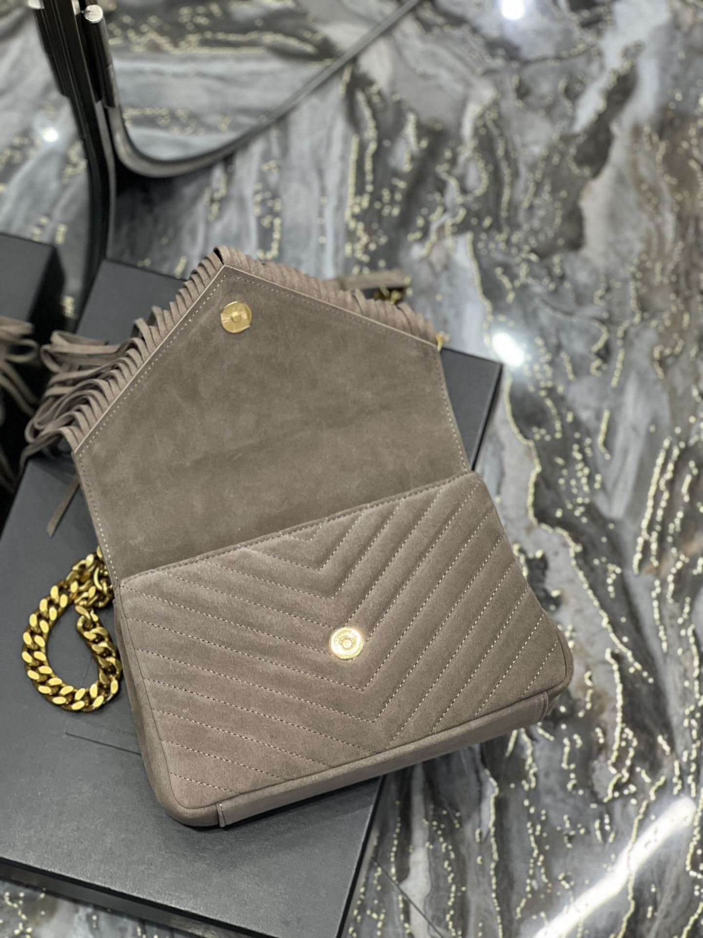 YSL COLLEGE MEDIUM SUEDE SHOULDER BAG GRAY 24CM