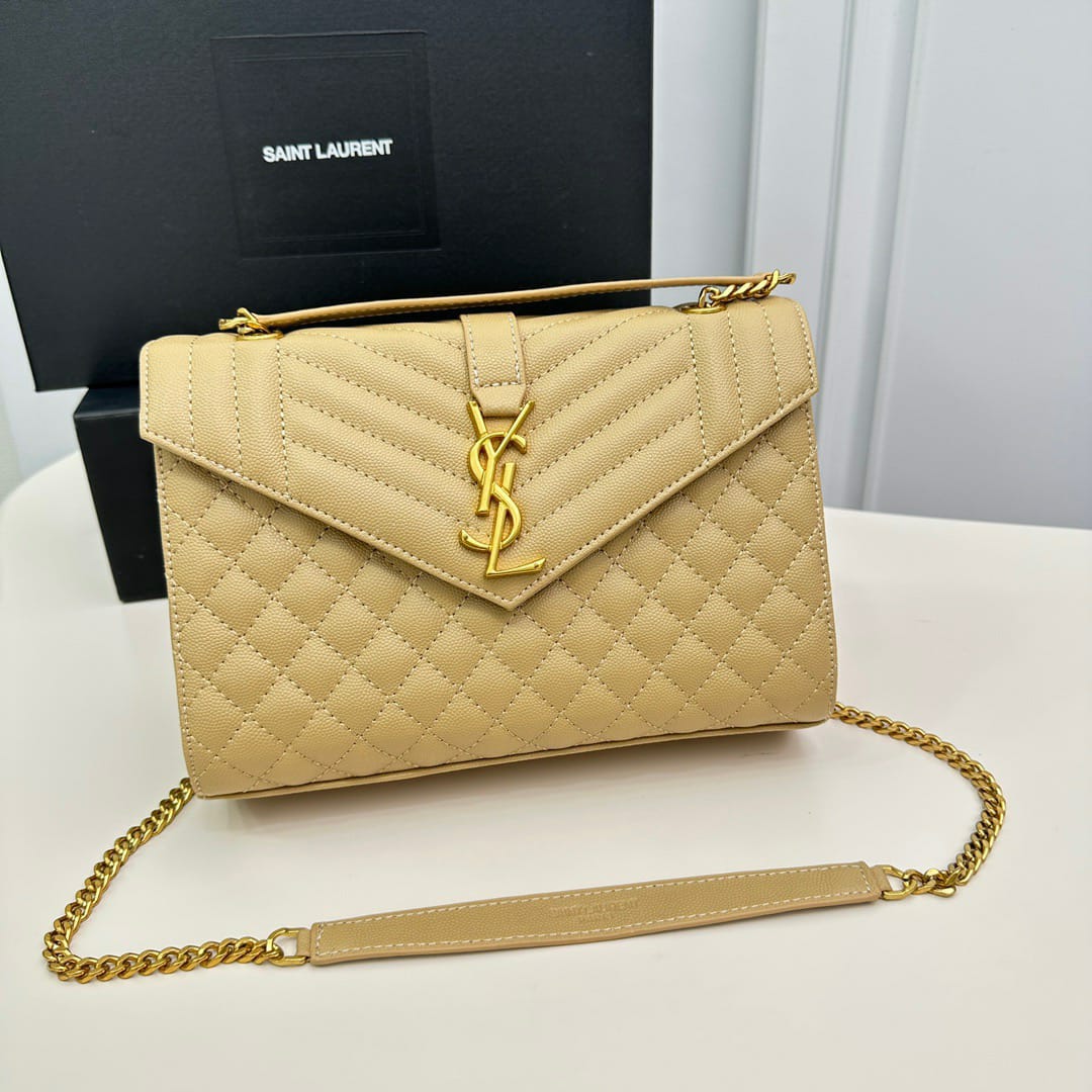 YSL ENVELOPE MEDIUM CHAIN BAG IN MIX MATELASSÉ GRAIN DE POUDRE EMBOSSED BEIGE 24CM 600185BOW912721