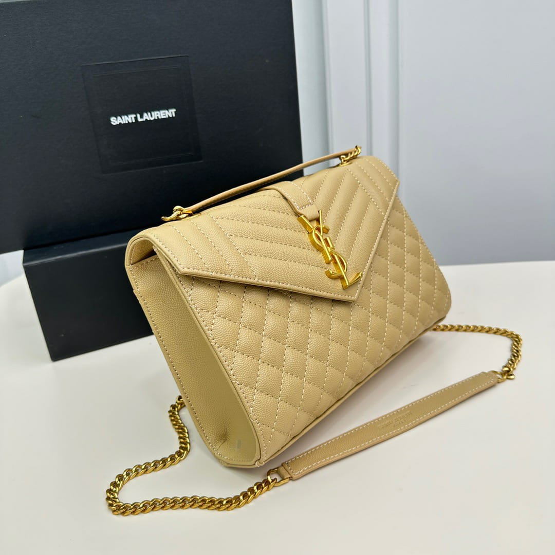 YSL ENVELOPE MEDIUM CHAIN BAG IN MIX MATELASSÉ GRAIN DE POUDRE EMBOSSED BEIGE 24CM 600185BOW912721
