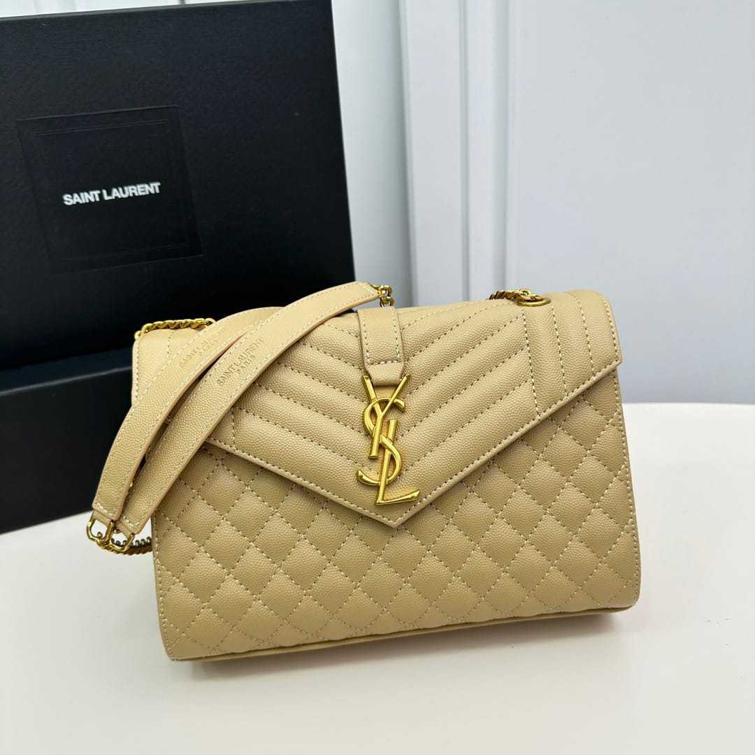 YSL ENVELOPE MEDIUM CHAIN BAG IN MIX MATELASSÉ GRAIN DE POUDRE EMBOSSED BEIGE 24CM 600185BOW912721