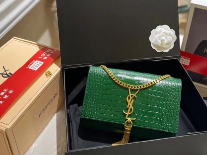 YSL KATE TASSEL MEDIUM CROCODILE EMBOSSED LEATHER GREEN WITH GOLD HARDWARE 22CM