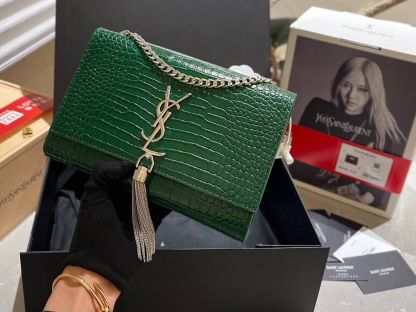 YSL KATE TASSEL MEDIUM CROCODILE EMBOSSED LEATHER WITH SILVER HARDWARE GREEN 22CM