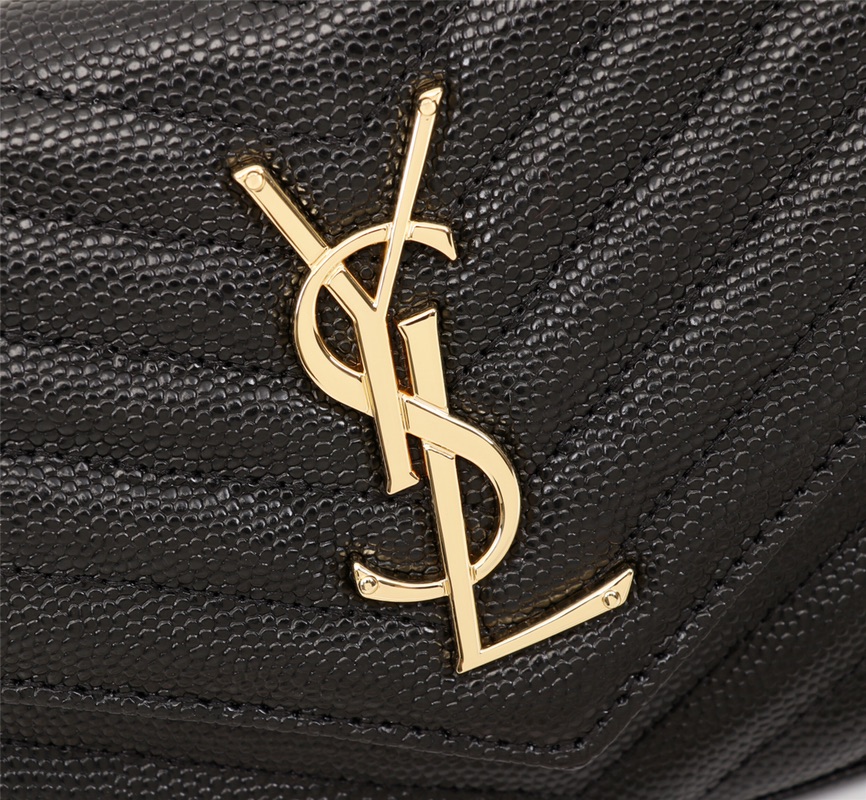 YSL CASSANDRE MATELASSÉ CHAIN WALLET IN GRAIN DE POUDRE EMBOSSED BLACK GOLD 22CM 377828BOW011000