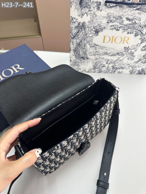 DIR MINI SADDLE BAG WITH STRAP BEIGE AND BLACK CD OBLIQUE JACQUARD AND BLACK GRAINED CALFSKIN 23CM