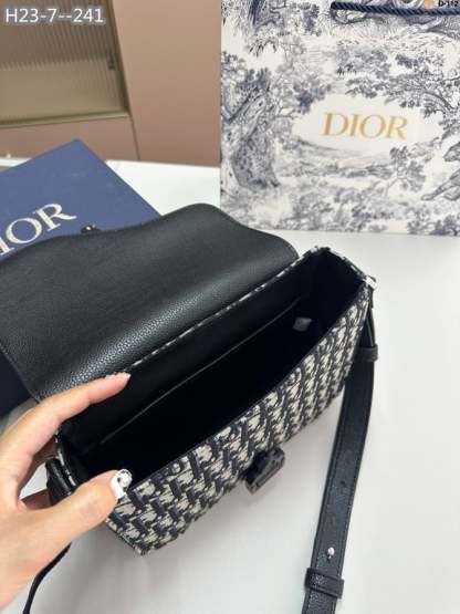 DIR MINI SADDLE BAG WITH STRAP BEIGE AND BLACK CD OBLIQUE JACQUARD AND BLACK GRAINED CALFSKIN 23CM