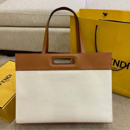 FI Canvas Tote Bag Beige/Brown For Women, Women&#8217;s Handbags 18.1in/46cm FF 7VA480