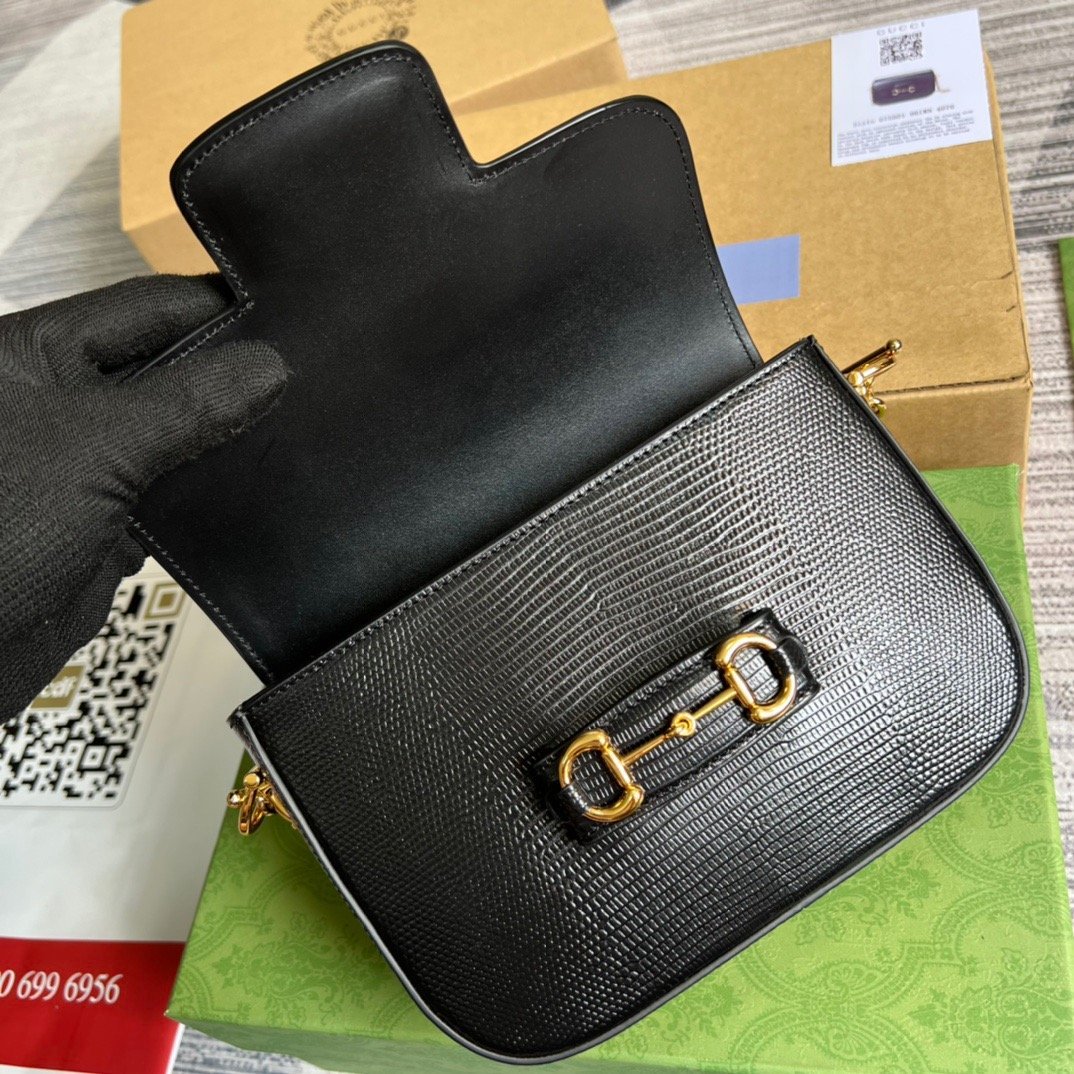 gg Horsebit 1955 Lizard Mini Bag Black For Women, Women&#8217;s Bags 8in/20cm gg