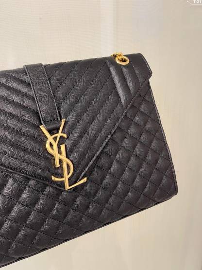 YSL ENVELOPE LARGE BAG IN MIX MATELASSÉ GRAIN DE POUDRE EMBOSSED BLACK GOLD 31CM 600166BOW911000