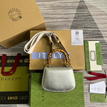 gg Bamboo 1947 Mini Top Handle Bag Silver For Women, Women’s Bags 6.7in/17cm gg