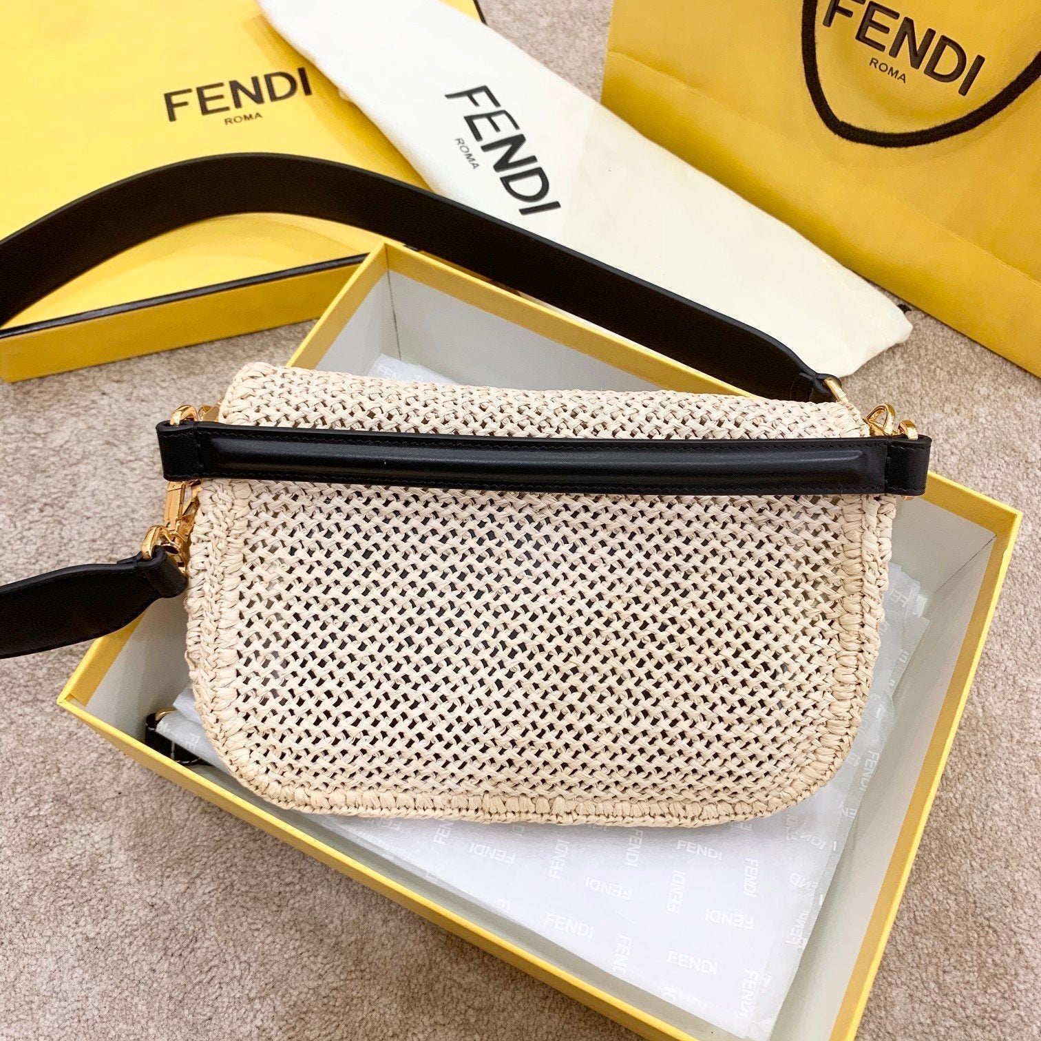 FI Baguette Woven Straw Black For Women, Women’s Handbags, Shoulder And Crossbody Bags 10.2in/26cm FF