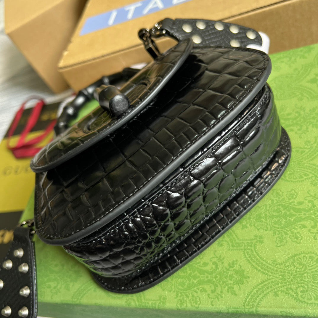 gg Bamboo 1947 Crocodile Mini Top Handle Blac Red For Women, Women’s Bags 6.7in/17cm gg
