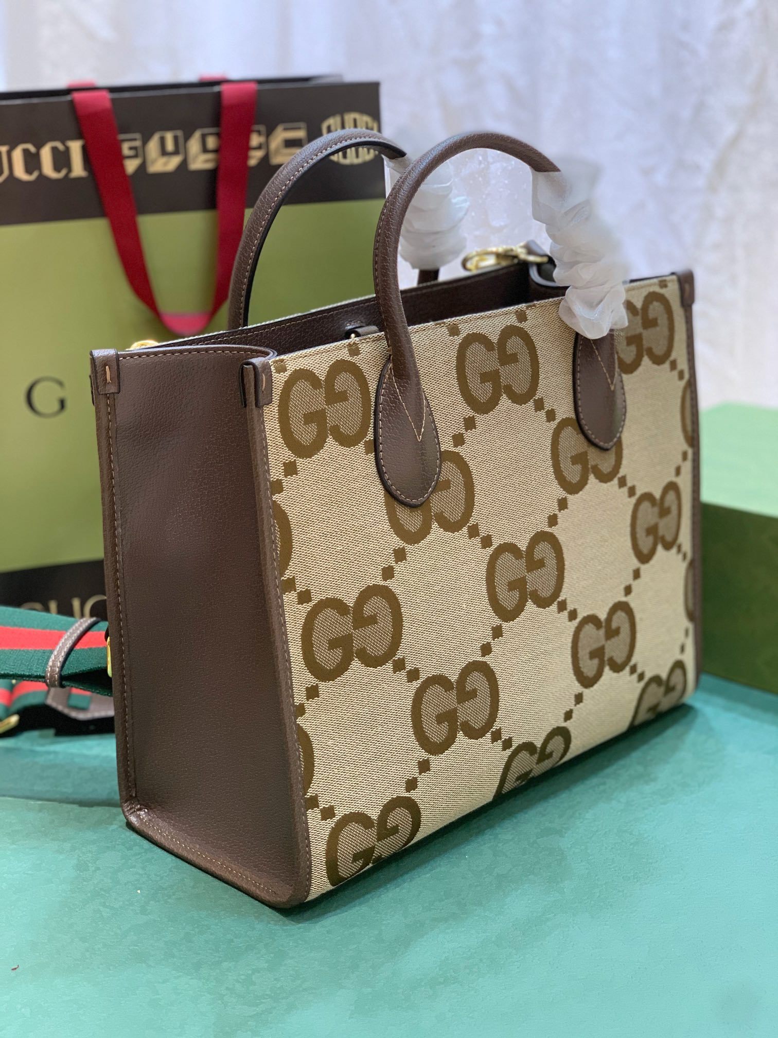 GG TOTE BAG WITH JUMBO GG CAMEL 31CM  678839 UKMDG 2570