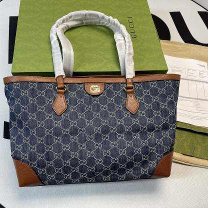 gg Ophidia gg Medium Tote Dark Blue And Ivory Eco Washed Organic gg Jacquard Denim  For Women 15in/38cm gg ‎631685 2KQgg 8375