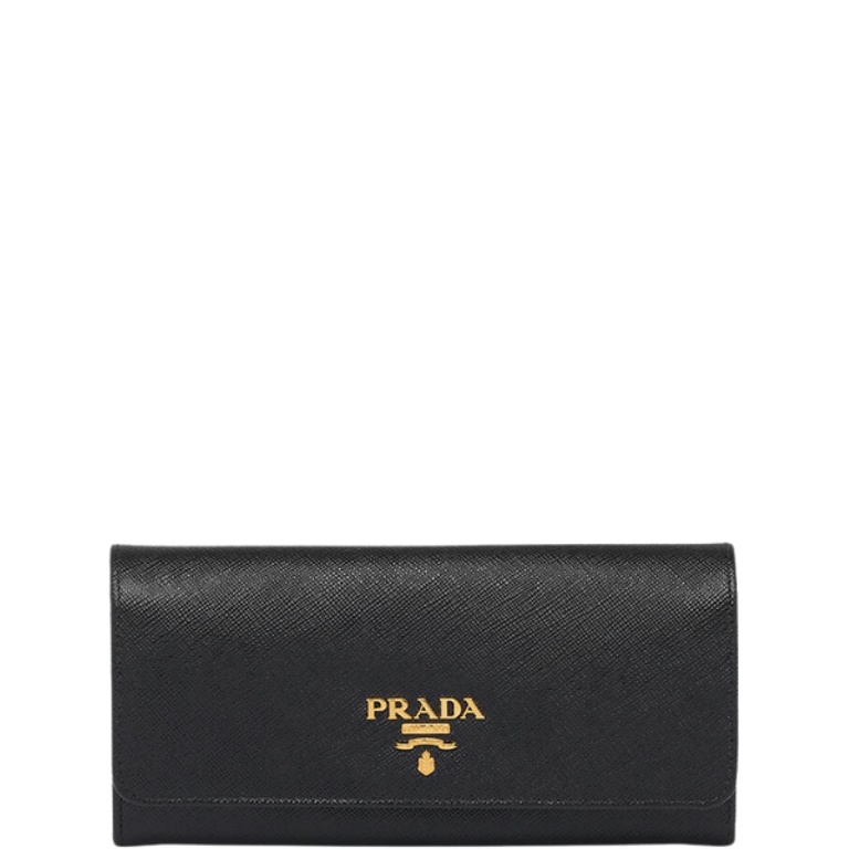 PR SAFFIANO LEATHER FLAP LONG WALLET BLACK AND GOLD 19CM 1MH132 ZLP F061H