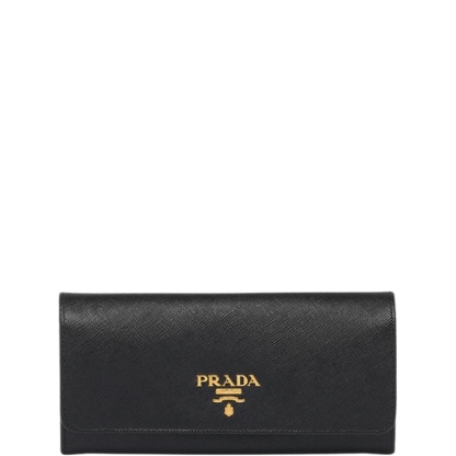 PR SAFFIANO LEATHER FLAP LONG WALLET BLACK AND GOLD 19CM 1MH132 ZLP F061H
