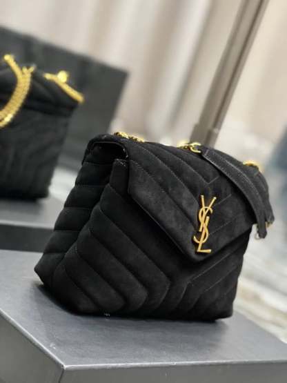 SAINT LAURENT LOULOU SMALL FLAP BAG SUEDE BLACK 25CM